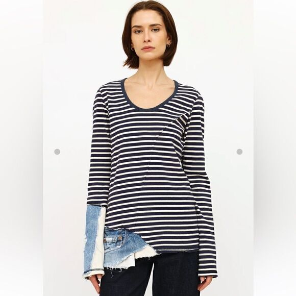 Greg Lauren Mixed Media Denim Stripe Asymmetric Shirt - Picture 1 of 6
